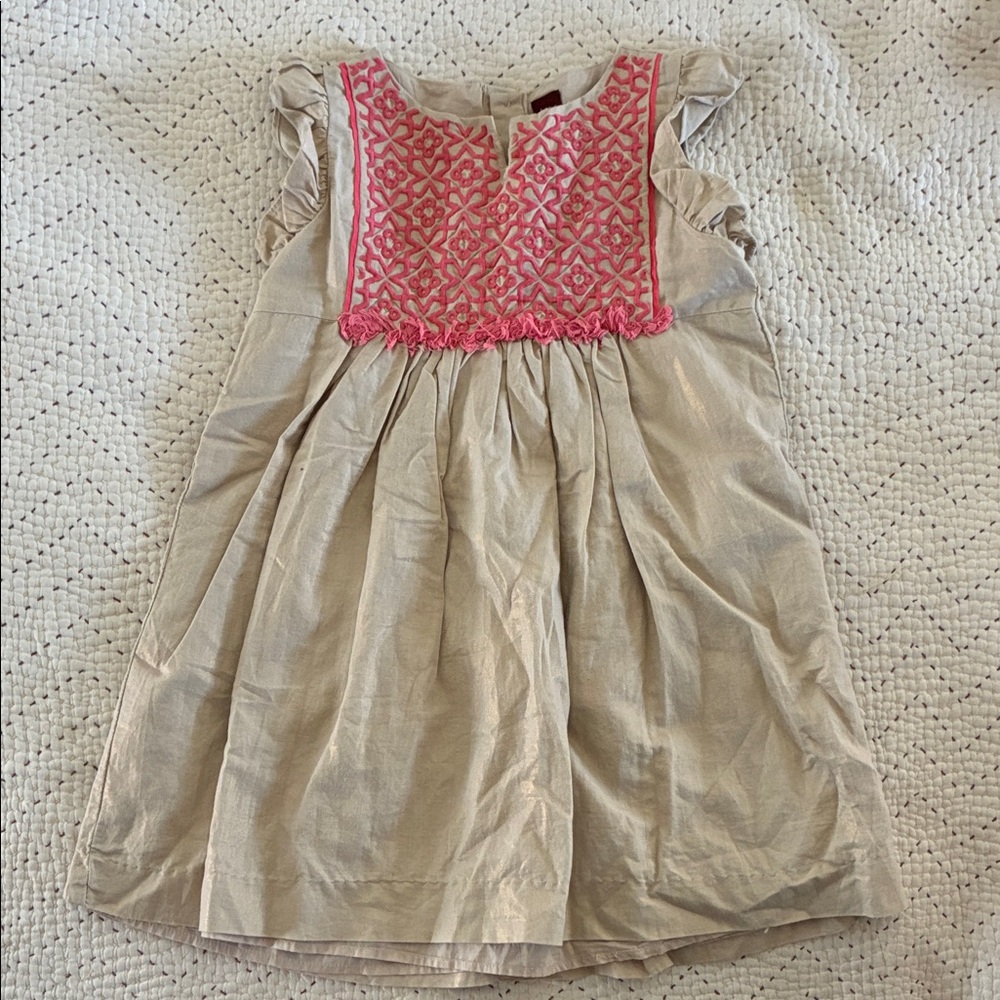 Tea Collection Tan Dress with Pink Embroidery